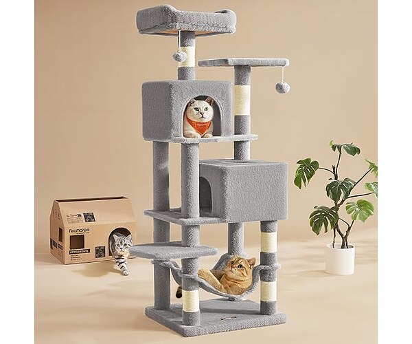 Feandrea Cat Tree, 59.5-Inch Tall Cat Tower, Multi-Level Condo, Light Gray
