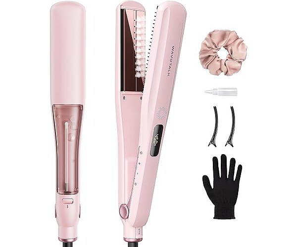 Wavytalk Steam Hair Straightener Steam Sesh for Less Heat Damage, Flat Iron | Detachable Comb, Steam Nourishes, Speeds Straightening, Fights Humidity & Frizz, Nano Titanium 1.38'' Plate, 5 Heat, Pink