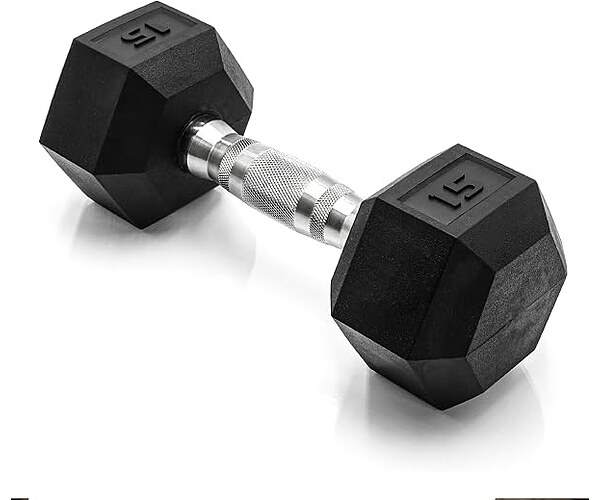 CAP Rubber Coated Dumbbell Weights, Free Weights for Home Gym Strength Training, Anti-Roll Hex Dumbbells with Black, Chrome & Comfort Grip Handles, Singles