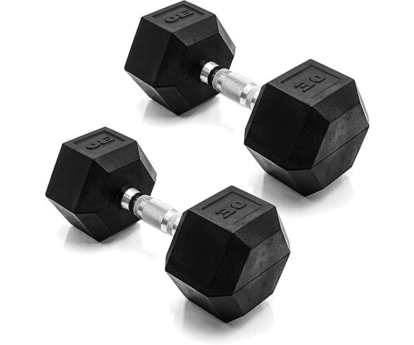 CAP Rubber Coated Dumbbell Weights, Free Weights for Home Gym Strength Training, Anti-Roll Hex Dumbbells with Black, Chrome & Comfort Grip Handles, Pairs & Sets