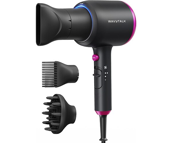 Wavytalk Blown Away Ionic Hair Dryer with Diffuser for Curly Hair | 1875W Fast Drying, 3 Attachments for All Hair Types, Ceramic Healthy Shine, Lightweight & Quiet (Black)