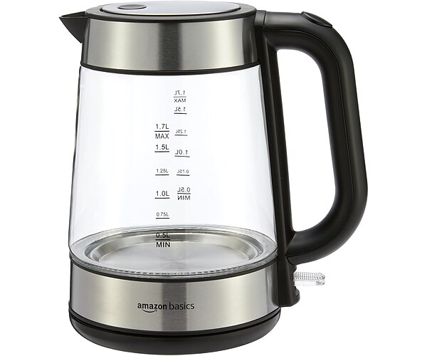 Amazon Basics Electric Kettle with Glass Carafe for Tea and Coffee, BPA-Free, Fast Boiling, Auto Shut-Off, Boil-Dry Protection, Water Level Indicator, 1.7 Liter, 1500W, Black and Silver