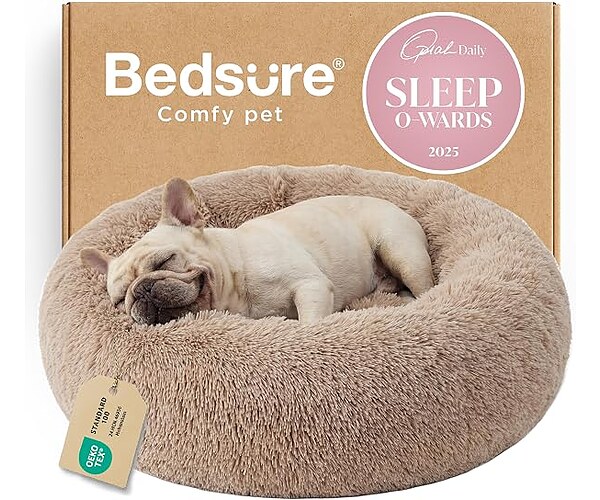 Bedsure Calming Dog Bed Medium Size Dog Donut Washable Pet Bed,30ins Camel | Oprah Daily Sleep Award,Fluffy Faux Fur Round Cuddler,Anti-Slip Bottom,Anti-Anxiety,Deep Sleep for Pets Up to 45 Lbs