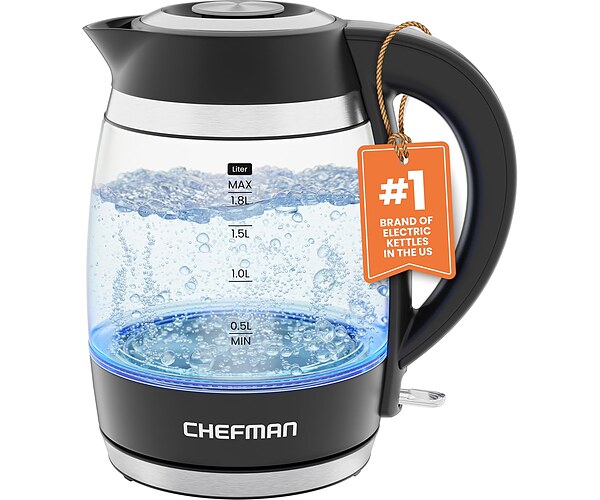 Chefman Electric Kettle, 1.8L 1500W, Hot Water Boiler, Removable Lid for Easy Cleaning, Auto Shut Off, Boil-Dry Protection, Stainless Steel Filter, BPA Free, Borosilicate Glass Electric Tea Kettle