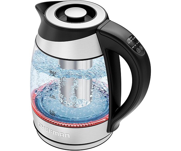 Chefman Electric Kettle with Temperature Control, 5 Presets LED Indicator Lights, Removable Tea Infuser, Glass Tea Kettle & Hot Water Boiler, 360° Swivel Base, BPA Free, Stainless Steel, 1.8 Liters